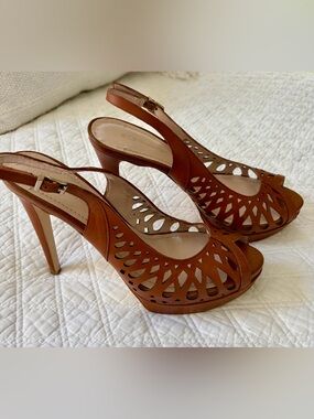 BCBGeneration Tan Brown Cutout Leather Slingback Platform Heels